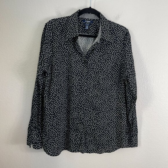 Chaps Womens XL No Iron Black White Polka Dot Button Up Shirt Long Sleeve Blouse - Picture 8 of 11